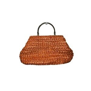 Vintage Woven Straw Handbag Burnt Orange Raffia Metal Ring Handle Summer Bag